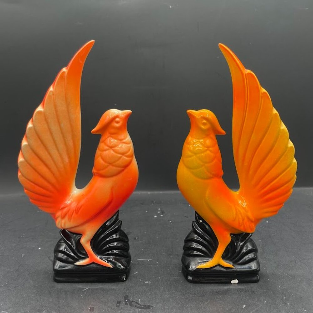 Pair Brinns Orange Pheasant Figurines Mid Century Modern Ceramic Birds